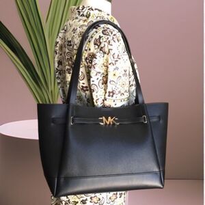 MICHAEL KORS BLACKREED LARGE BELTED TOTE LEATHER TRAVEL OFFICE VACATION SCHOOL